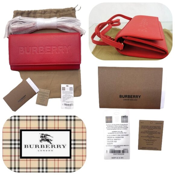 NWT $970 BURBERRY HENLEY RED LOGO EMBOSSED LEATHER CROSSBODY/CLUTCH BAG